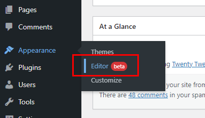 The Editor option located under the Appearance menu on the WordPress dashboard.